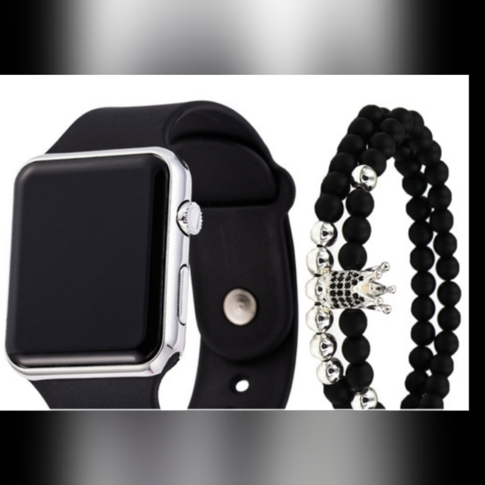 Black silver 2pcs/set Square Silicone Digital Watch + Crown Bracelet Fancy Women